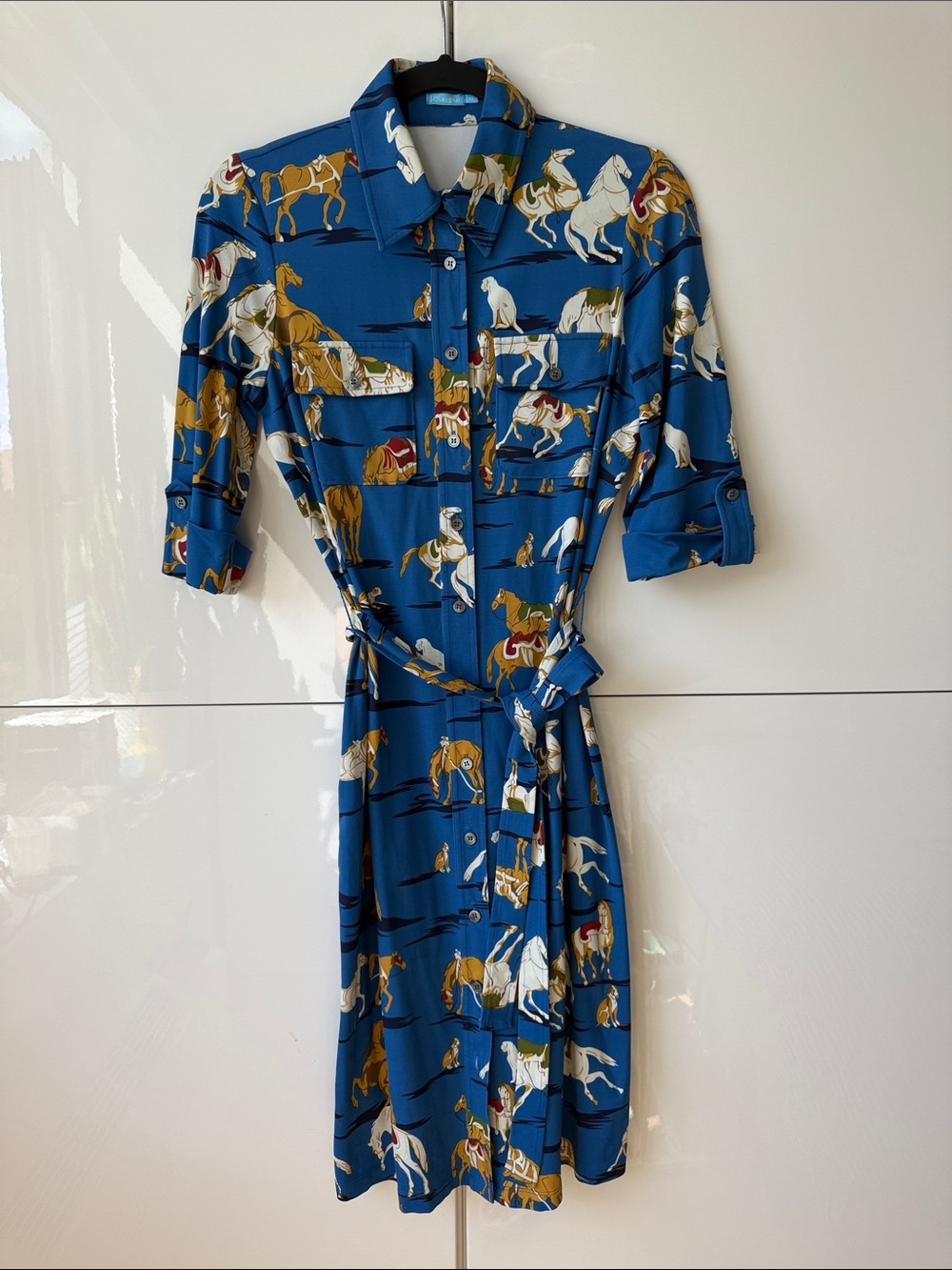 J. McLaughlin Blue Horse-Print Shirt Midi Dress